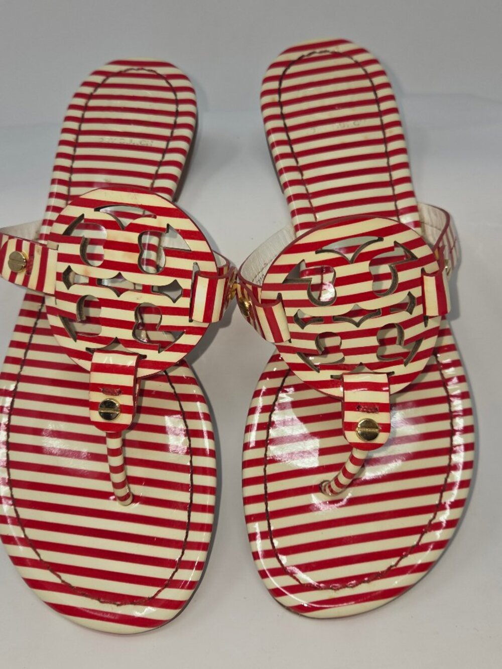 Tory Burch Miller Red/Cream Patent Striped Sandal, Size 7M